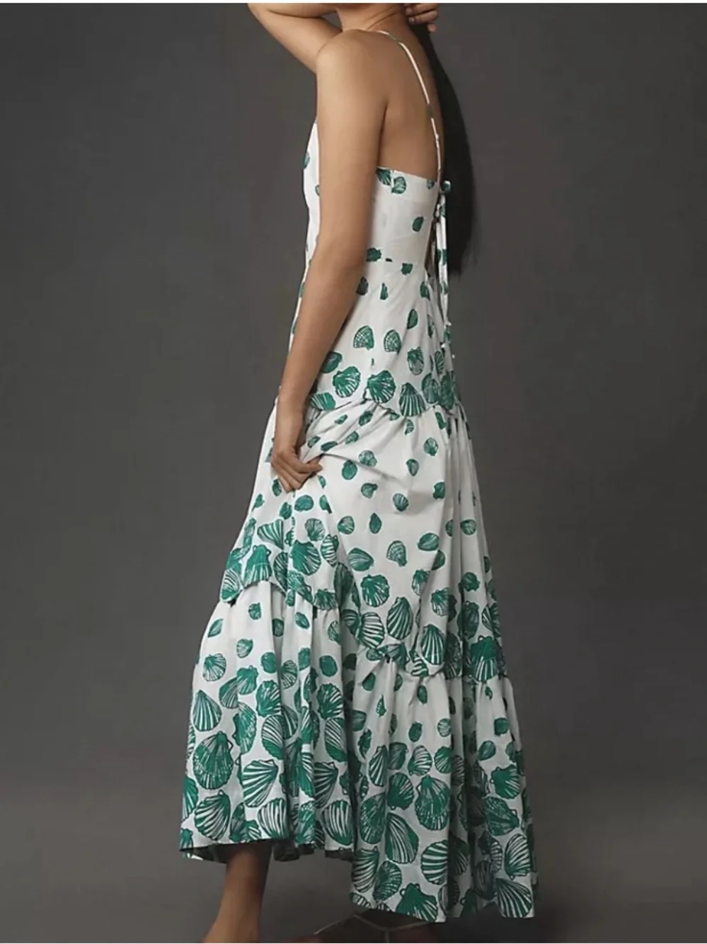 Anthropologie Maeve Halter Tiered Cotton Green/ White Seashell Maxi Dress, M
